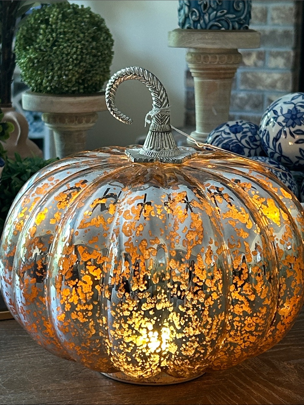 NEW! Vintage Inspired Mercury Glass Fall Harvest Pumpkin Lighted Lantern